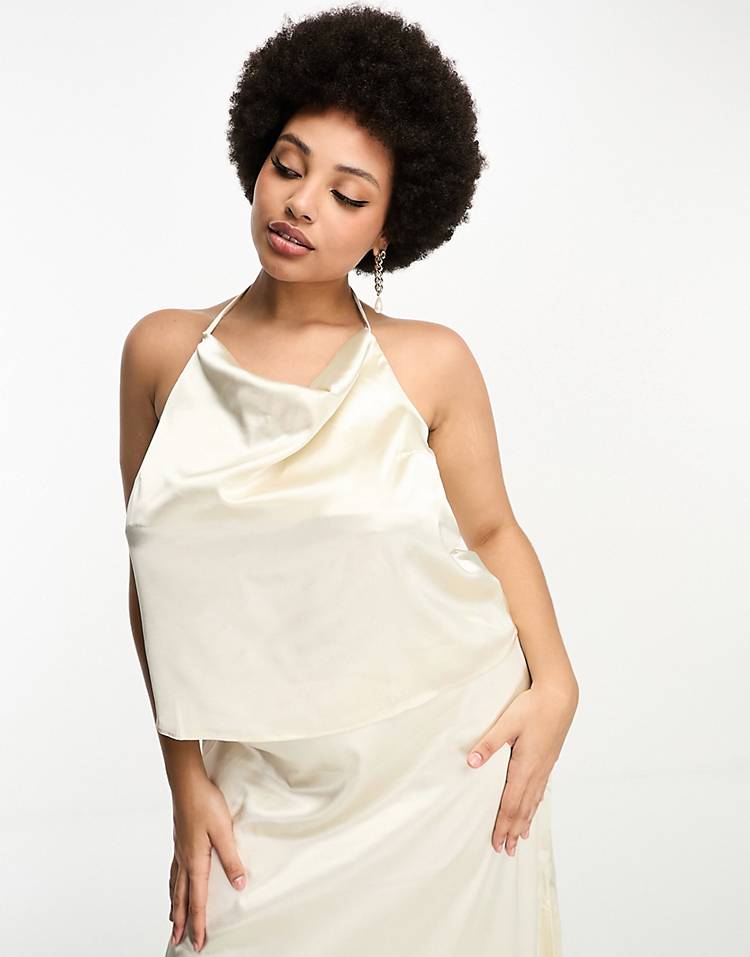 Vila Curve Bridal satin cami top and midi skirt set in cream